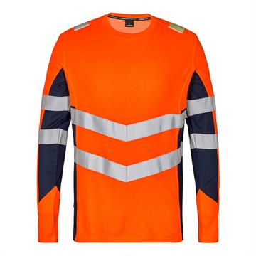 Synlig langærmet t-Shirt i orange/blå med strækbar refleks - front