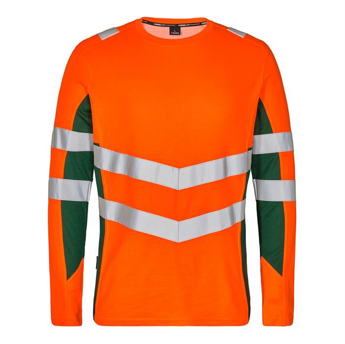 Synlig langærmet t-Shirt i orange/grøn med strækbar refleks - front