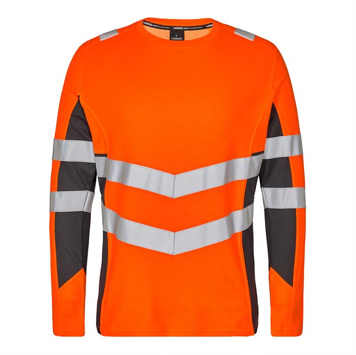 Synlig langærmet t-Shirt i orange/antrazitgrå med strækbar refleks - front