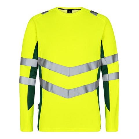 Synlig langærmet t-Shirt i gul/grøn med strækbar refleks - front