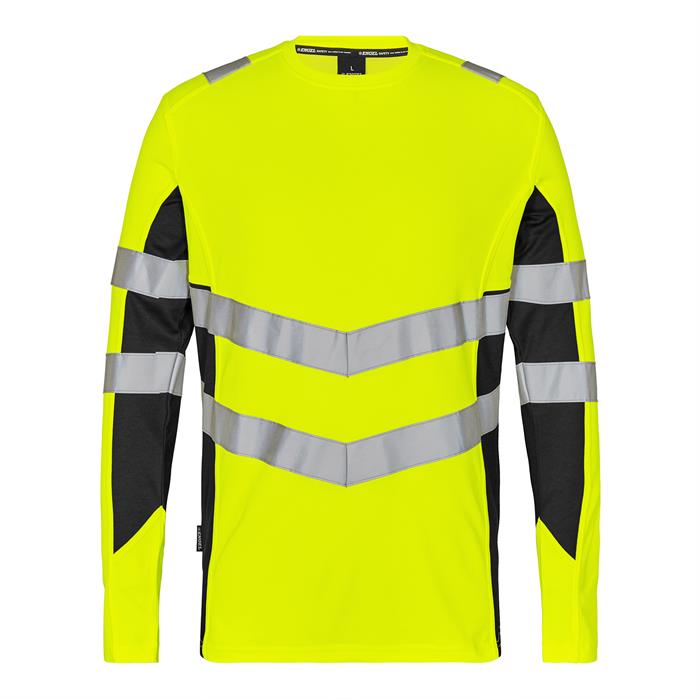 Synlig langærmet t-Shirt i gul/sort med strækbar refleks - front