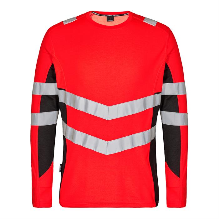 Synlig langærmet t-Shirt i rød/sort med strækbar refleks - front